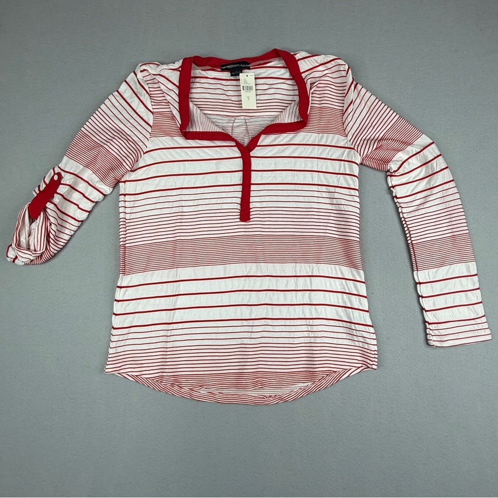 Sanctuary Striped Henley Top Womens S Red White Roll Tab Sleeve NWT